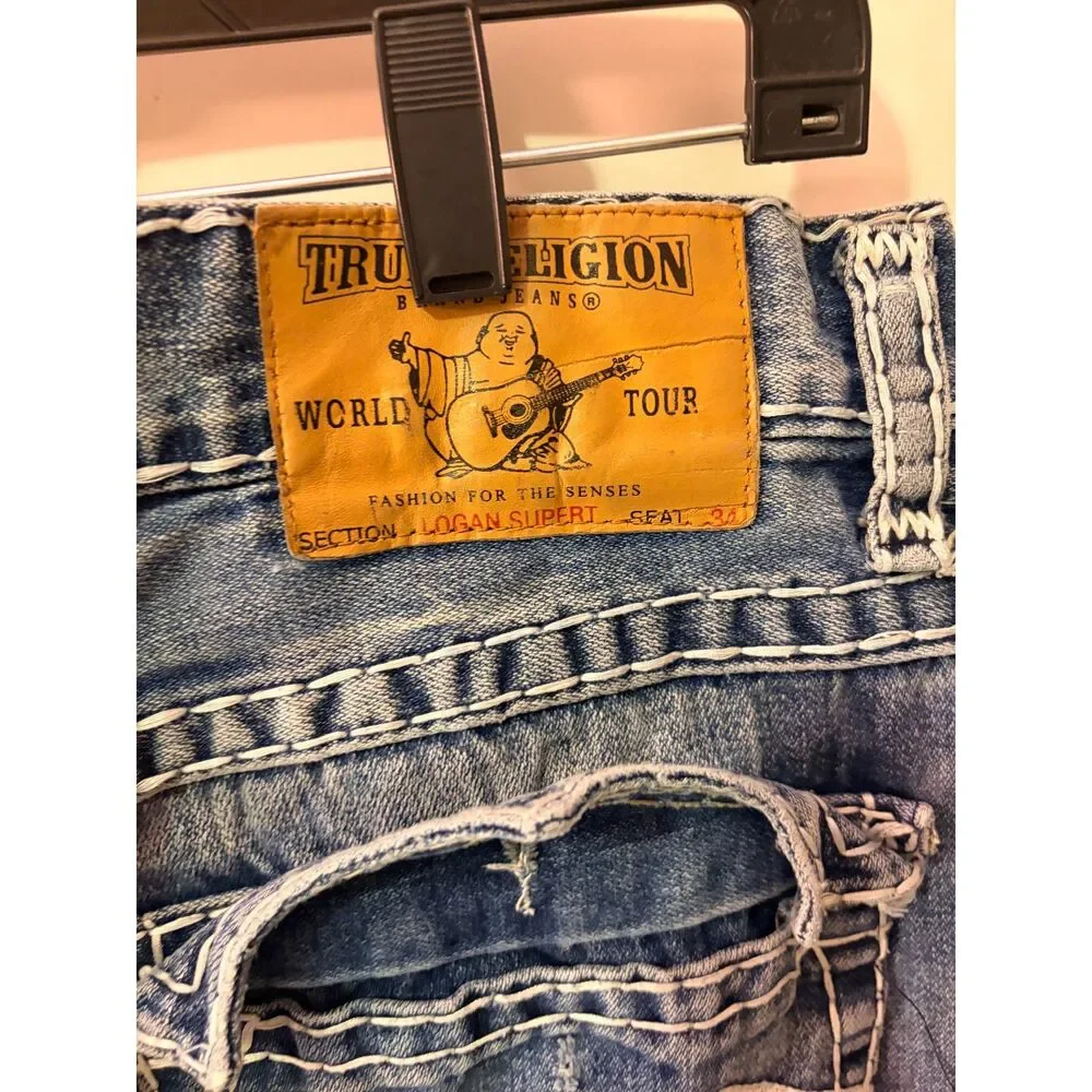 True Religion Jeans Mens 38 RARE Straight Flaps Nat Mega T Distress